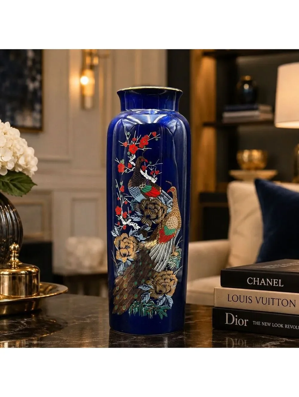 Vintage Imperial Interpur Japan Cobalt Blue Peacock Vase 11
